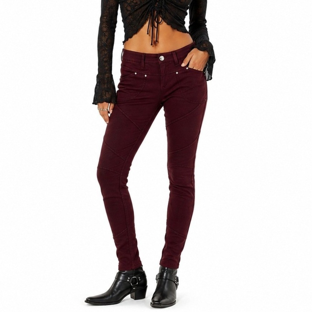 Free People Moto Seamed Solid Skinny Pants Burgundy Maroon Utilitarian Size 30